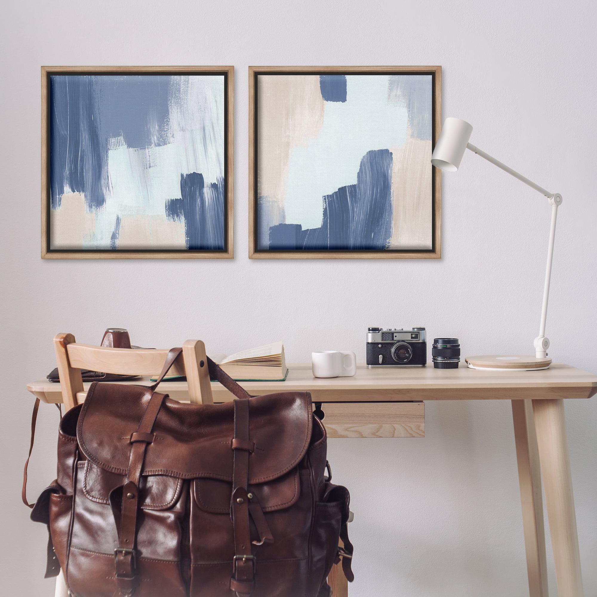 Stupell Industries Restless Blue Brush Strokes Abstract Painting Brown Floater Framed Canvas Art Print Wall Art, 25 x 25, Set of 2