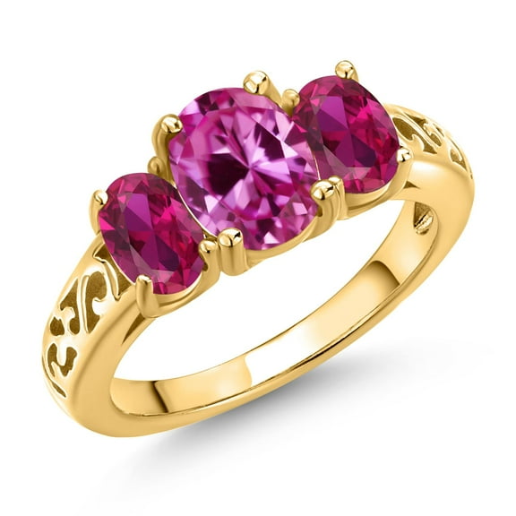 Gem Stone King 18K Yellow Gold Plated Silver Pink Created Sapphire and Red Created Ruby Filigree Style 3 Stone Ring for Women (2.65 Cttw, Oval 8X6MM and 6X4MM) (Size 5)