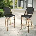 thumbnail image 2 of Martha Stewart Set of 2 Indoor-Outdoor Stackable Bistro Bar Stools with Natural Woodgrain Aluminum Finish Frames, Black/White Woven Rattan Backs/Seats, 2 of 9