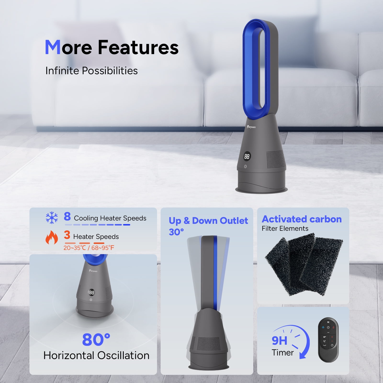 Faryuan 3-in-1 Bladeless Tower Fan & Space Heater with Filter, 80° Oscillating 10-Speed Cooling Fan with Remote, 9H Timer for Large Room, Blue