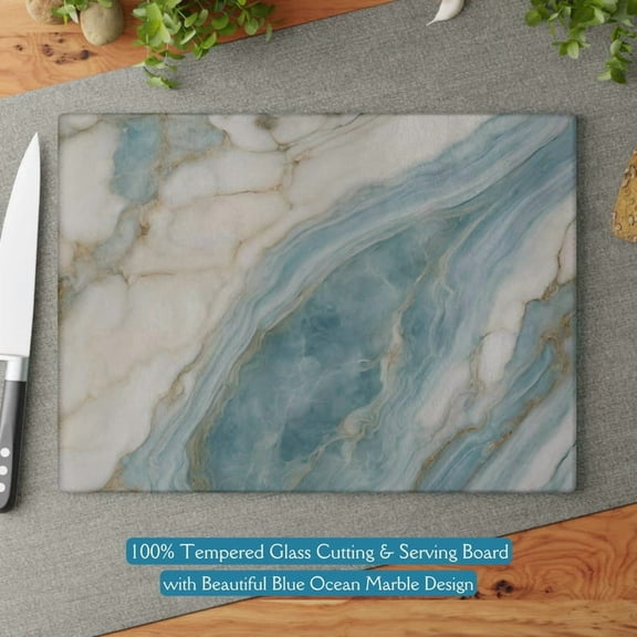 Beautiful Blue Ocean Marble-design Glass Cutting & Serving Board | Charcuterie Board | Housewarming Gift Ocean Aqua Blue Kitchen Cheeseboard