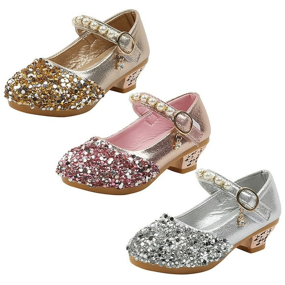 Toddler Girls Dress Shoes Princess High Heel Mary Jane Glitter Shoes in Wedding Party for Little Girl