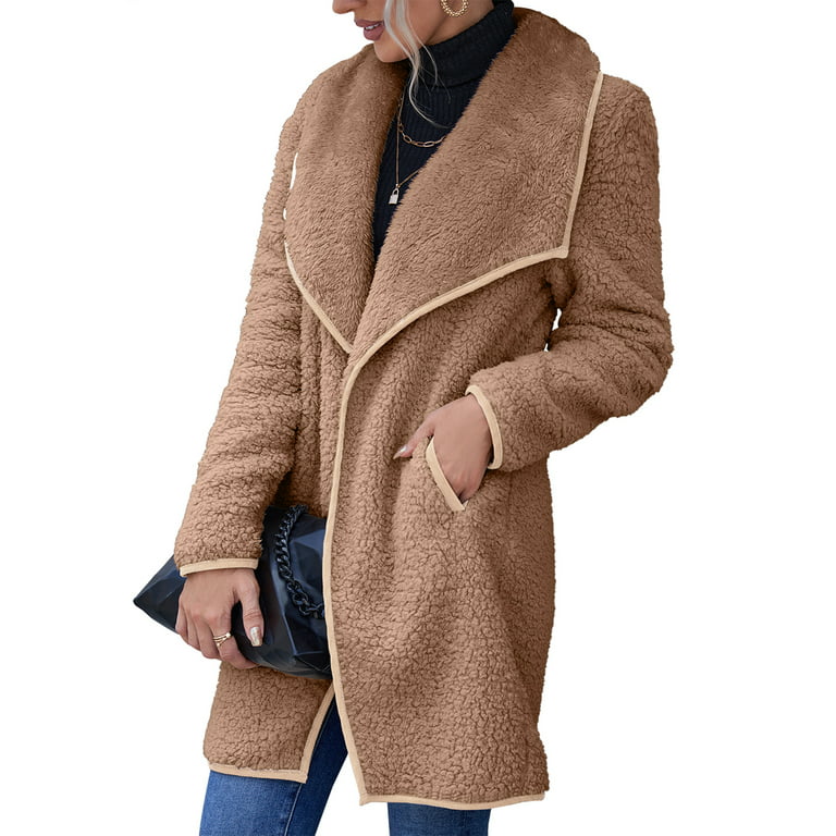 Canrulo Womens Fuzzy Fleece Lapel Open Front Long Cardigan Coat Teddy Bear  Faux Fur Fall Winter Outwear Jackets with Pockets Khaki S 