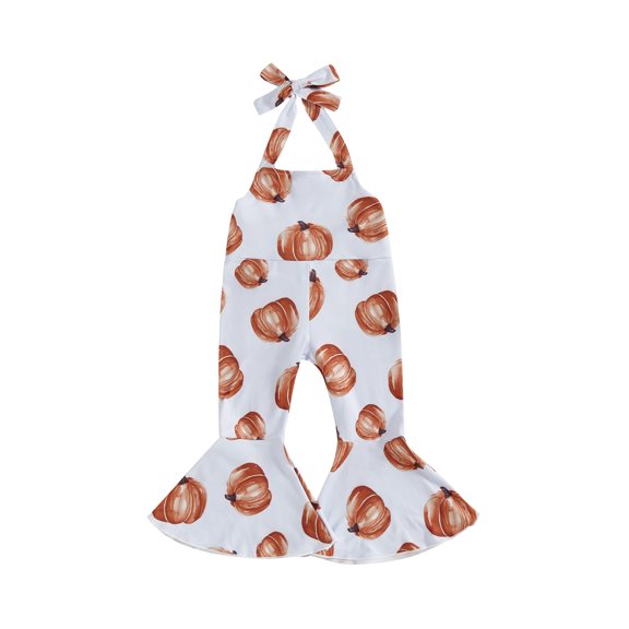 Miaouyo Toddler Girls Halloween Falre Pants Jumpsuit Pumpkin/Ghost Print Sleeveless Halter Neck Bell Bottom Romper