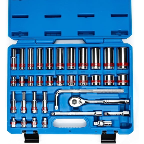 NEIKO 02511A 3/8” Drive Socket Set with Quick Release Ratchet (90 Tooth), 35 Piece Standard and Deep SAE Sizes, 1/4” to 1”, 6 Point, Universal Joint, 3/8” Extension Bars, Made with CR-V Steel