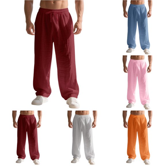 XFeng Men Linen Wide Leg Pants Drawstring Casual Trousers