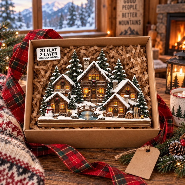 Wood Rustc 2 Layer Wooden Block Mountain Christmas Cabin Tabletop Display for ...