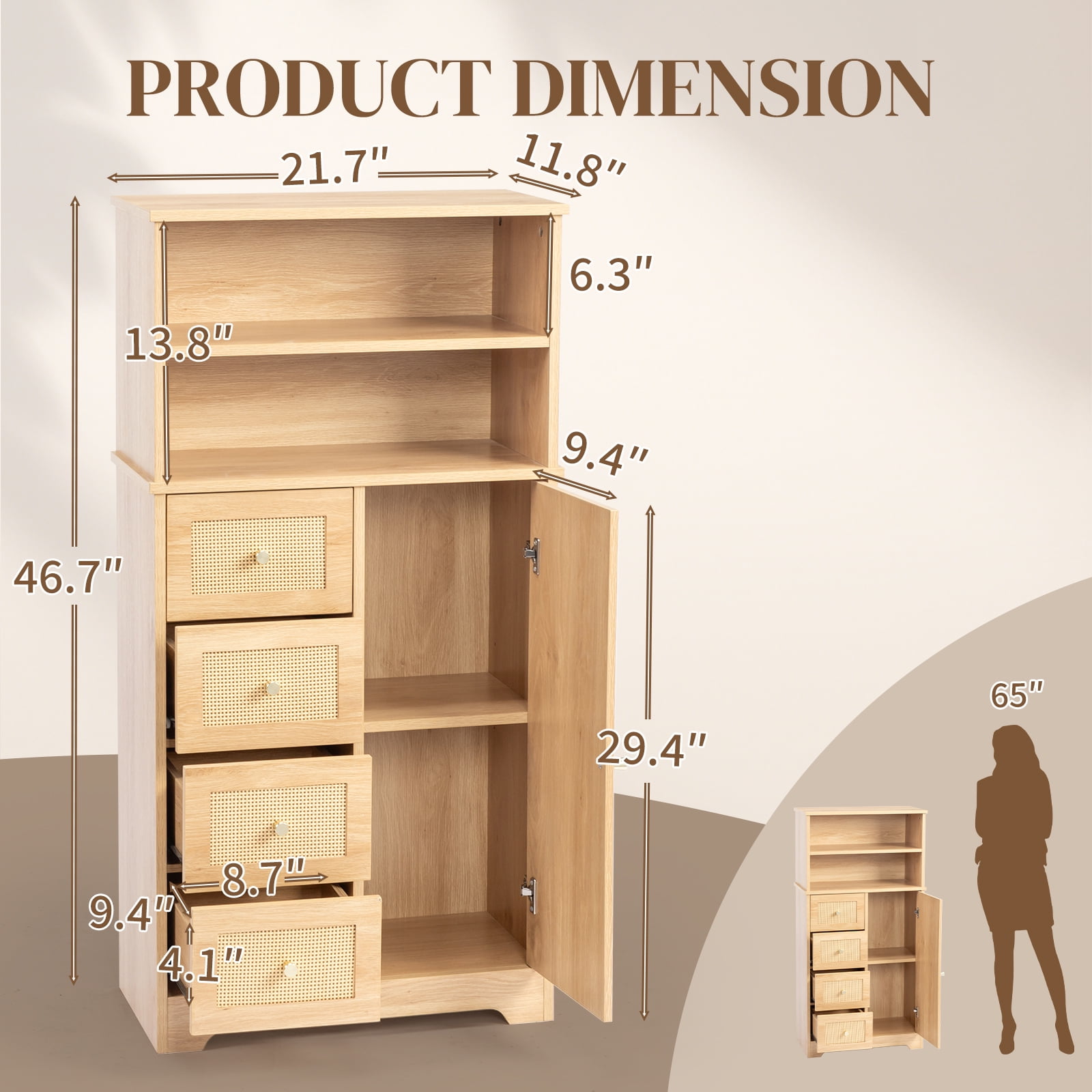 Ktaxon Bathroom Floor Cabinet with 4 Drawers 1 Cupboard & 2 Adjustable Shelves for Kitchen Living Room, Rattan
