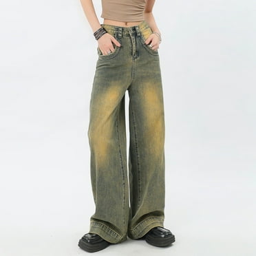 TTHXQING Casual Comfort Jeans for Women Women'S Wide Leg Straight High Waist Loose Distressed Retro Jeans Vintage Denim Pants clearance clothes Yellow L A1298