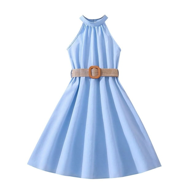 Odeerbi Niñas Verano Vestido Halter de Gasa Fiesta Princesa Vestidos Color Sólido Sin Mangas A-Vestido de Línea