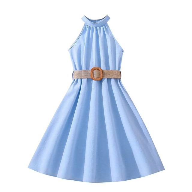 biudgviw Robe d'Été pour Filles Sans Manches à Col Licou, Épaules Dénudées, Ceinturée, Robe Trapèze Midi Décontractée, Robe Soleil 6-13 Ans