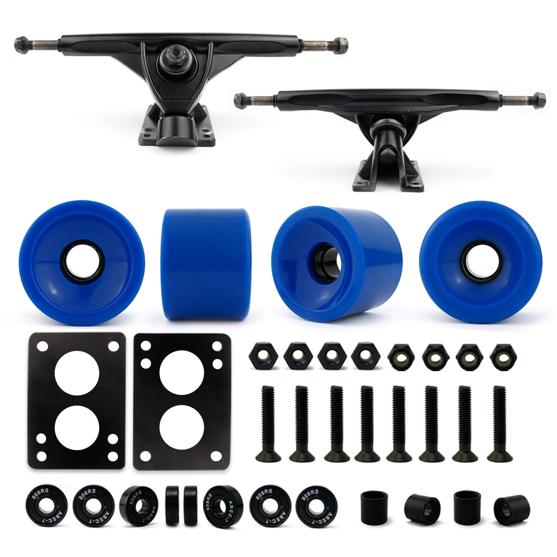 Longboard trucks and wheels combo 70mm light blue wheels black 180mm trucks 