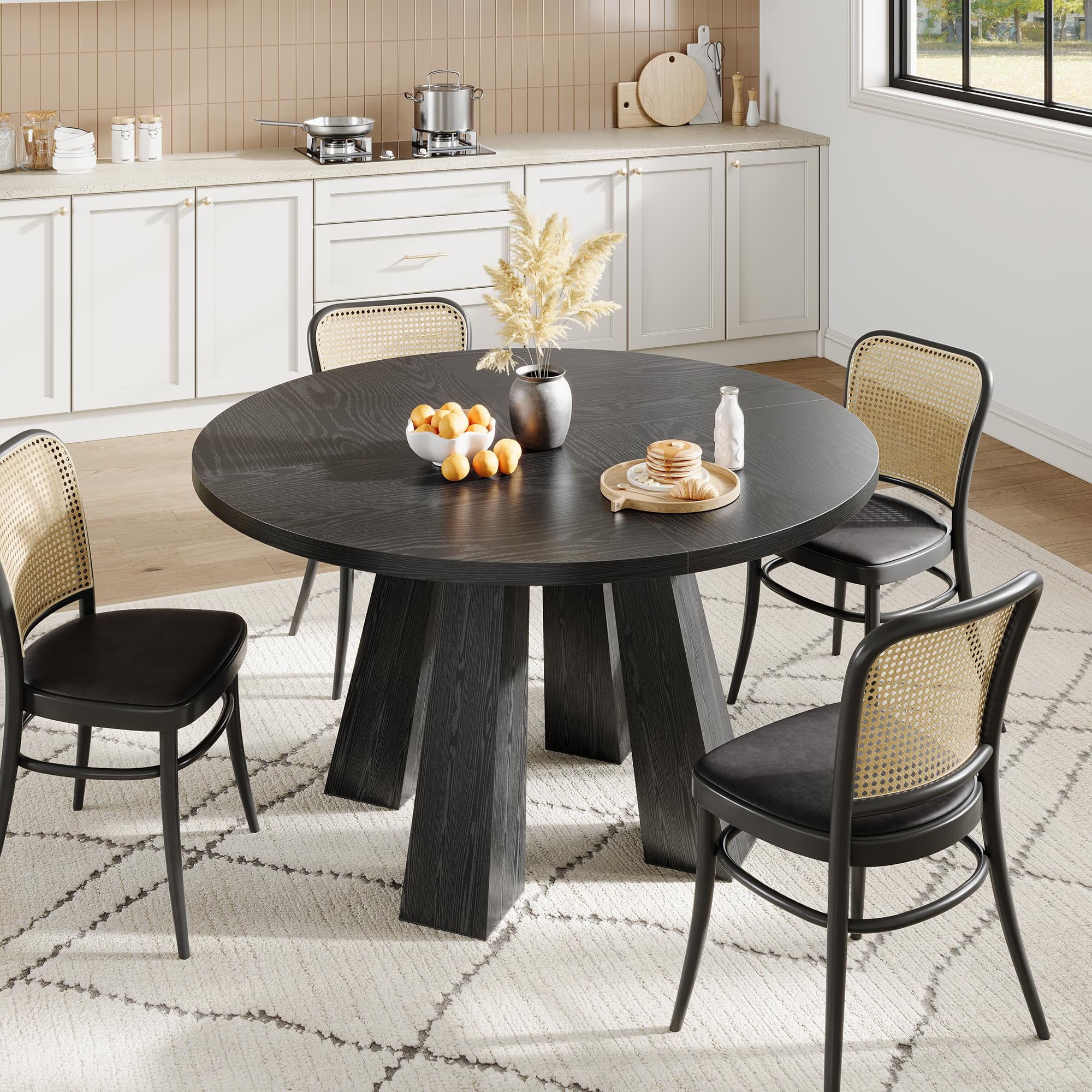 47" Round Farmhouse Dining Table for 4 | Sturdy Kitchen Table & Breakfast Nook Centerpiece Space-Saving Design for Dining Room (Table Only)