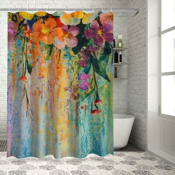 Patifu Flowers Rainbow Bathroom Décor Set with Hooks, Graphic Print Polyester Stylish Shower Curtain for Home Bathtubs, Waterproof Fabric Shower Curtain with Rings 36"x72