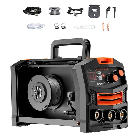 KFFKFF 130A MIG Welding Machine, 2-in-1 Gas/Gasless Flux Core Welder, Multi-Process Portable Welder with IGBT Inverter and Digital Display, 110V