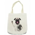 thumbnail image 1 of Pug Tote Bag, Pug Holding Food Bowl and Licking Its Lips Hunger Image Raising Its Hand, Cloth Linen Reusable Bag for Shopping Books Beach and More, 16.5" X 14", Cream, by Ambesonne, 1 of 2