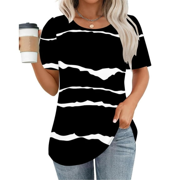 Tittly T Shirts for Women Spring Tops for Women Plus Size Womens Blouses Casual Tunic Tops For Women Loose Fit Short Sleeve Women's Trendy Gradient Tshirts Graphic Tees Tshirts Shirts Black L