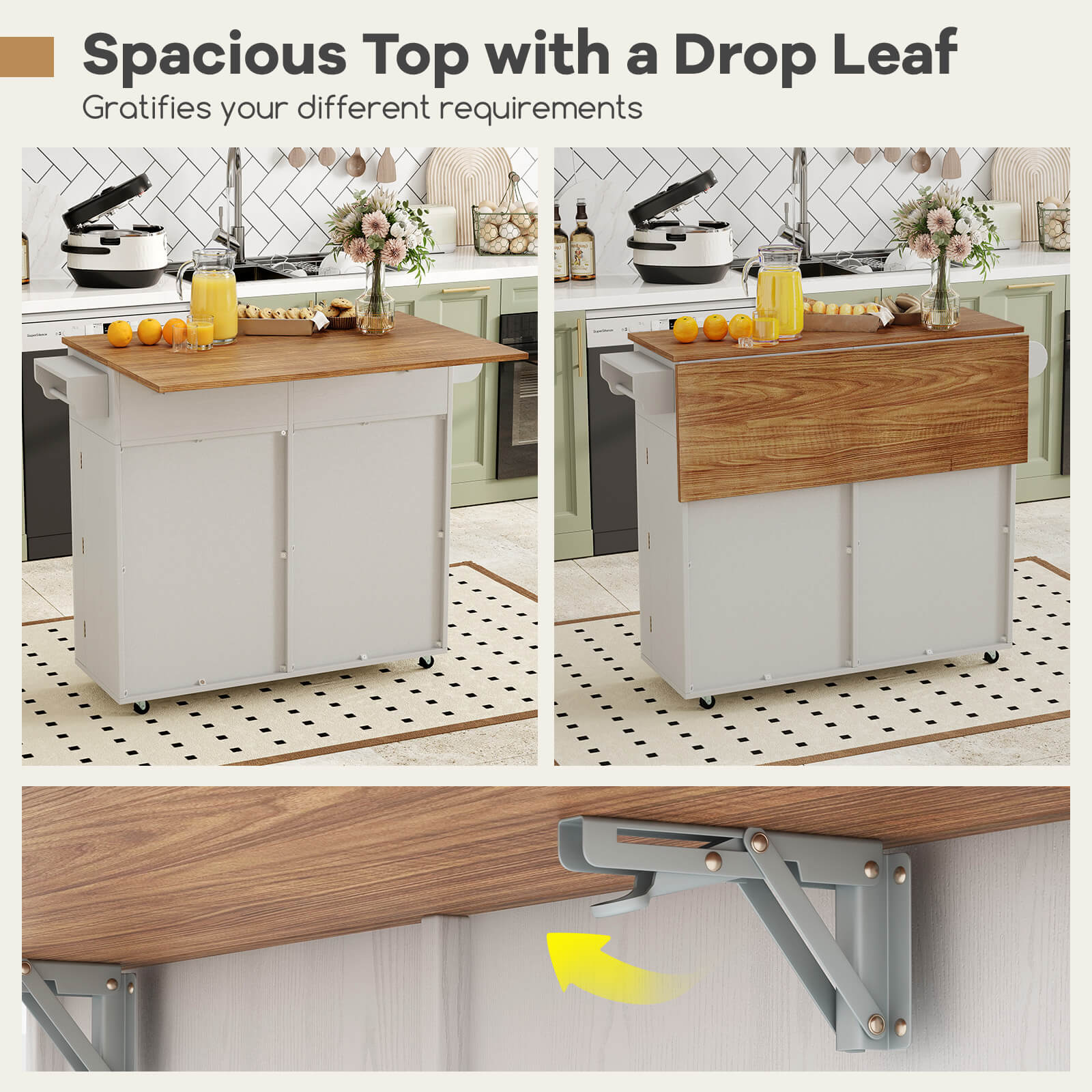 Costway Rolling Kitchen Island Kitchen Island Cart with Drop Leaf Trash Can Cabinet Gray
