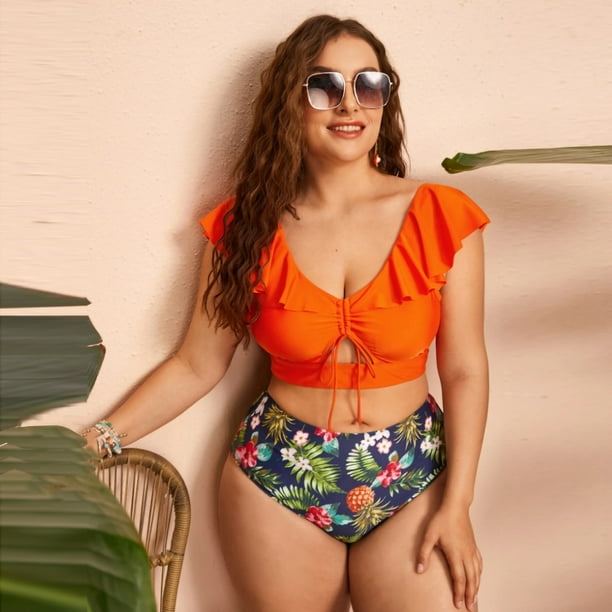 WaiiMak Womens Swimsuit Clearance Under 10 Women s Plus Size Split Type Ruched Tummy Control Bathing Suit Swimwear Bikini Orange Xxl