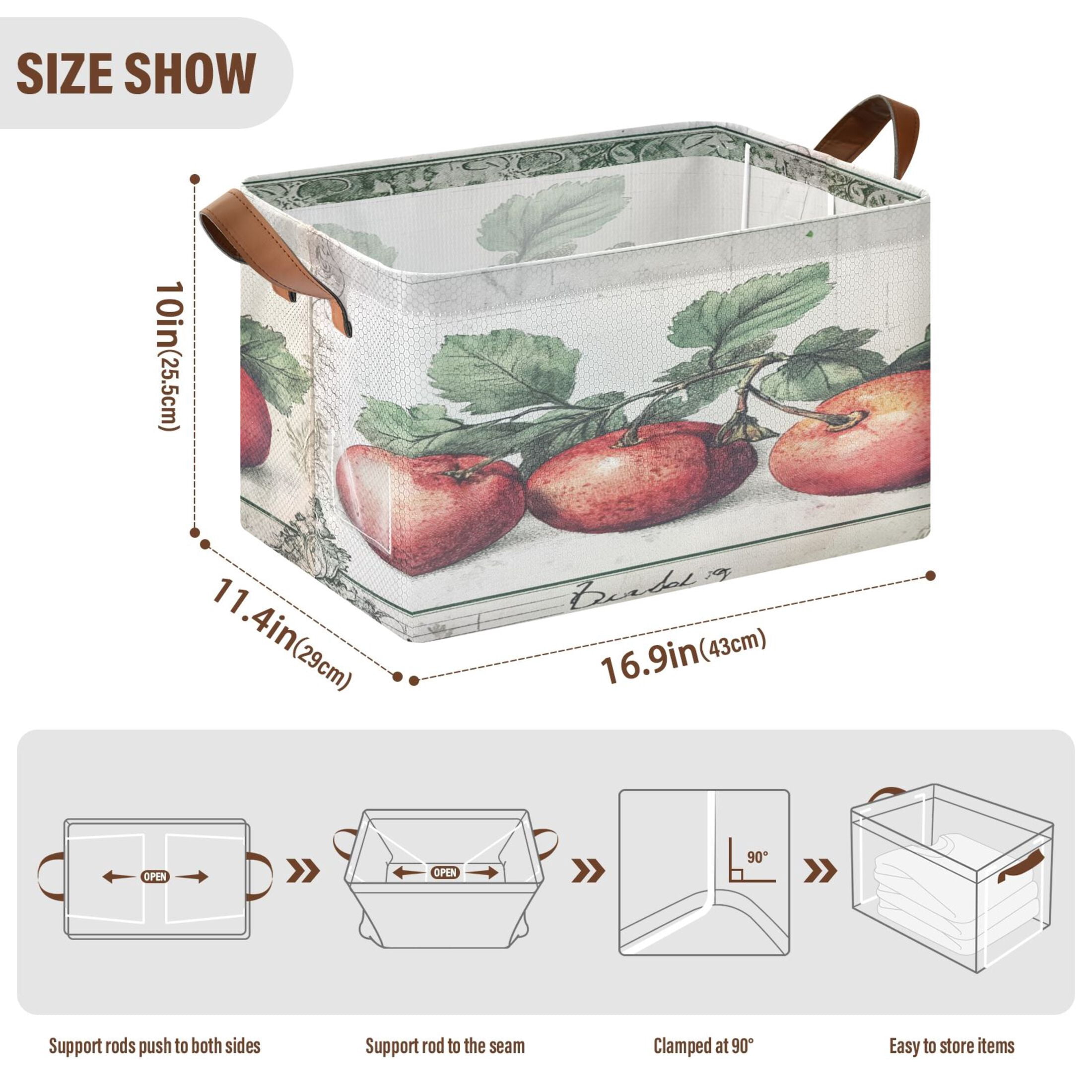 Red Fruit Picture Storage Basket Soccer Plaid Fabric Hoard Box Oversized Collapsible Closet Organizer with Metal Iron Frame 16.9×11.4×10in