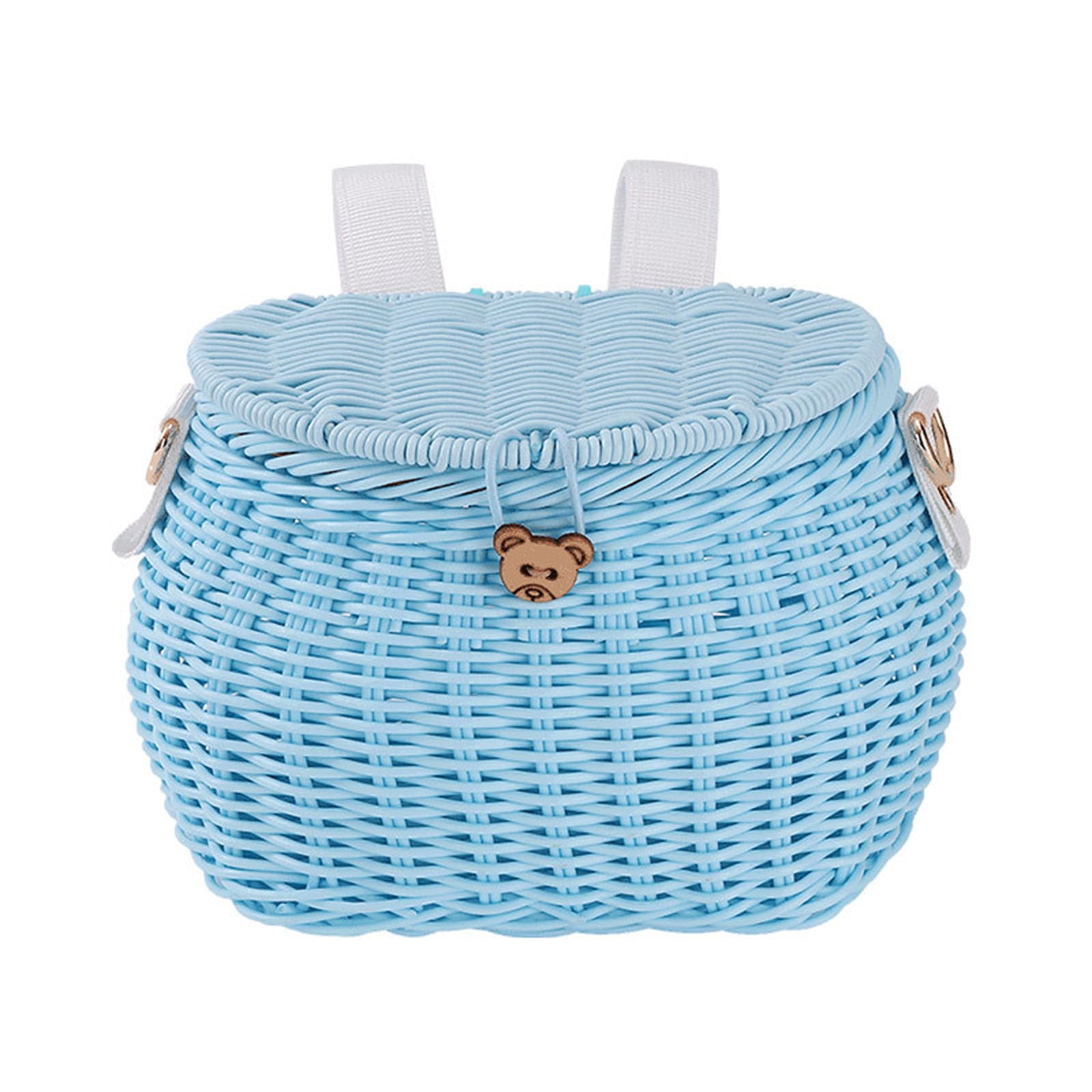 YIGOUMY-19cm PP Woven Bike Basket with Lid, Brown Bear Design Front Basket for Bicycle, Det Storage Basket with Strap for Scooter (Blue)