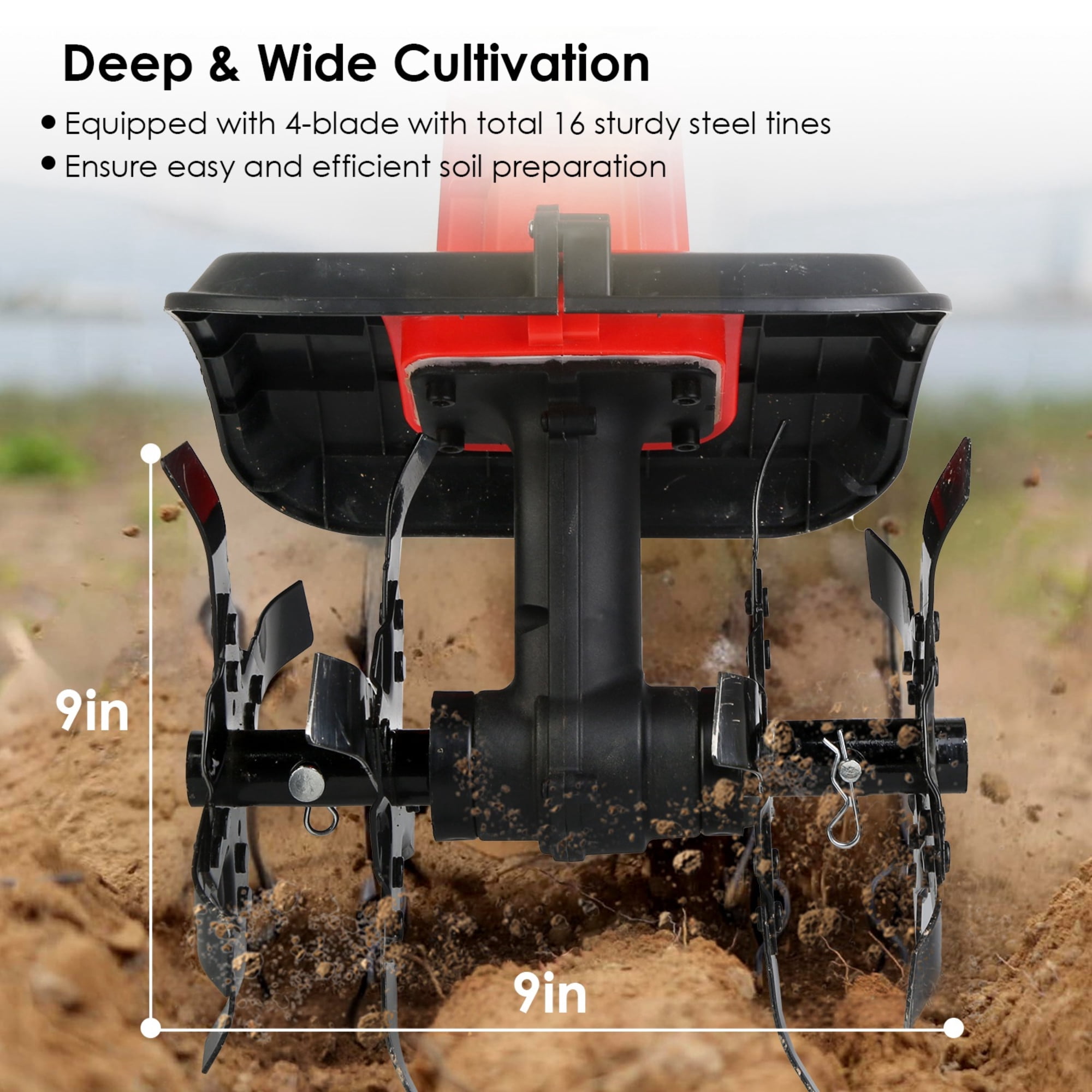 21V Cordless Tiller Cultivator with 4 Blades, 16 Steel Tines, 550W, 300RPM, 9-Inch Width & Depth
