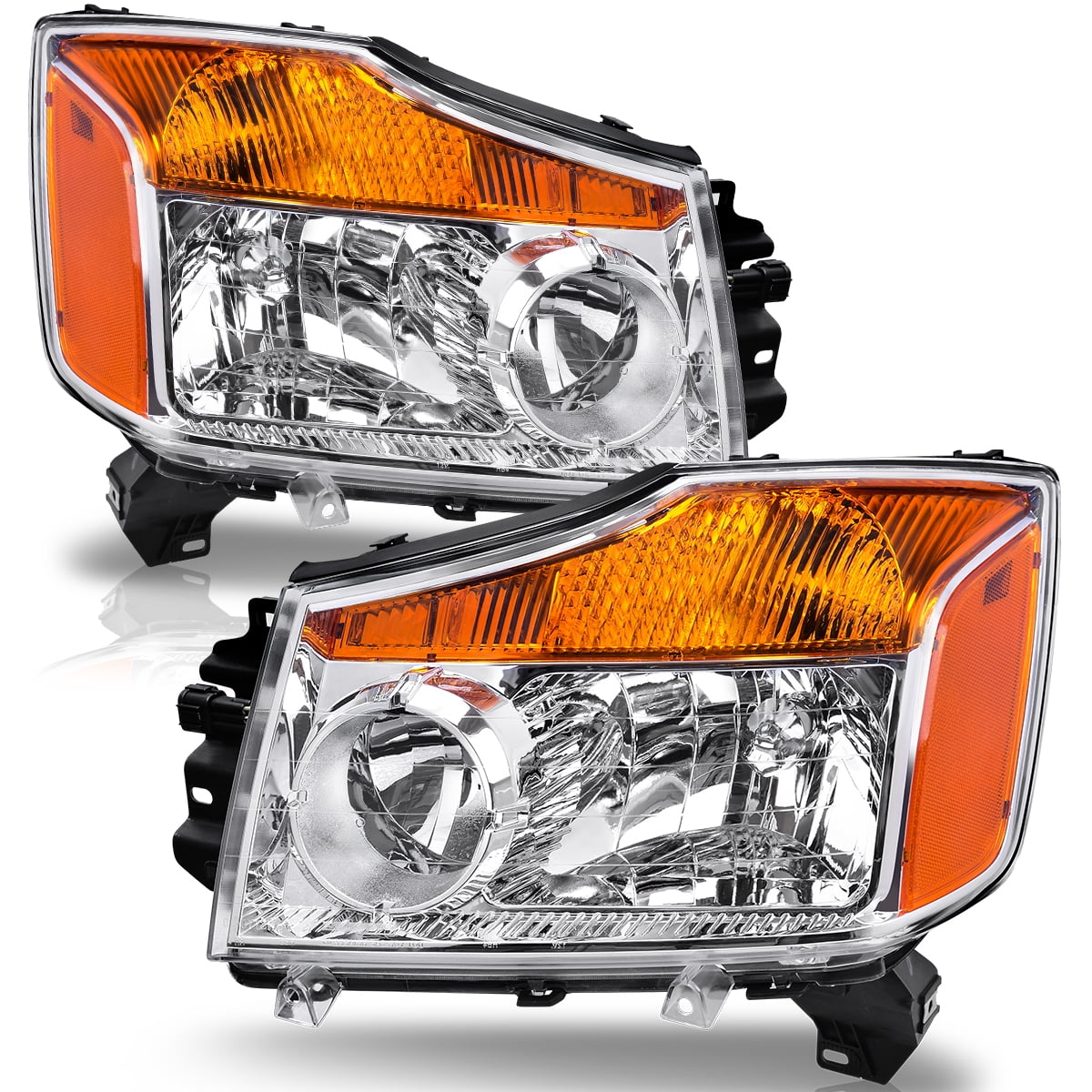 RVNI Headlight Assembly for 2004-2015 Titan 2005-2007 Armada Headlamp Replacement Chrome Housing Clear Lens Amber Reflector