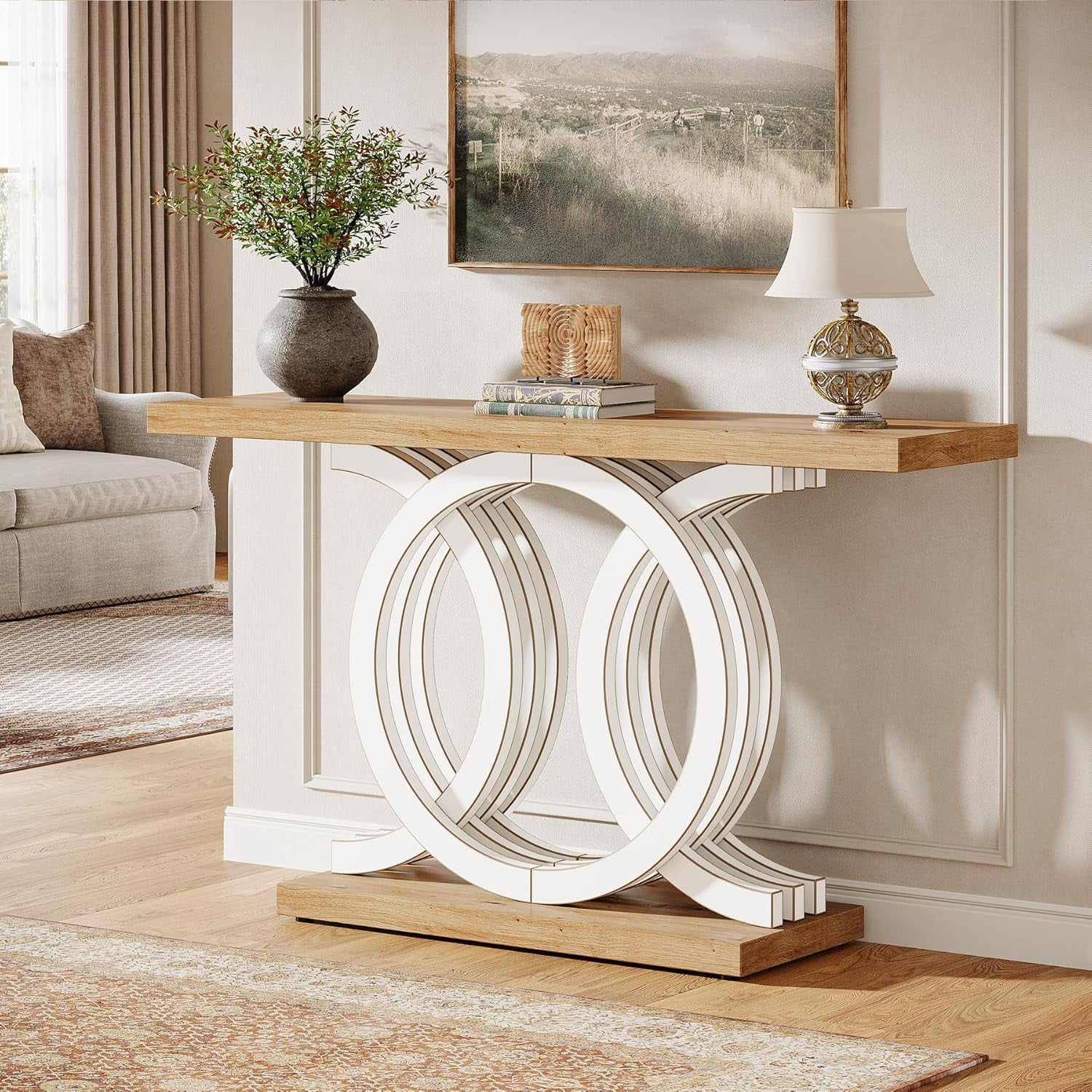 Finmind 55" Console Table with Geometric Wood Base, Modern Entryway Table, White