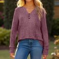 thumbnail image 6 of WTOBBY Women's T Shirt Tee Button Long Sleeve Daily Weekend Fashion Basic V-Neck Regular Top - Casual Comfort Wear with Button Detail for Stylish Outfits,Purple M, 6 of 6