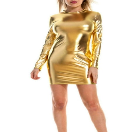 FNNMNNR Womens Shiny Metallic Faux Leather Long Sleeve Dresses Mock Neck Slim Fit Party Bodycon Mini Dress Pink XL