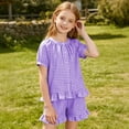 thumbnail image 6 of Amidoa Girls 2 Piece Outfits Summer Clothes Ruffle Sleeve Short Sleeve Cute T-Shirt and Shorts With Pockets Casual Kids Clothing Sets Purple Size 9, 6 of 8