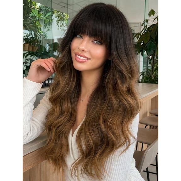 JOFMWIX【Beginner Friendly Wigs Black To Brown Wig with Bangs Long Wavy Synthetic Wig for Women Breathable and Adjustable with Daily Party Use