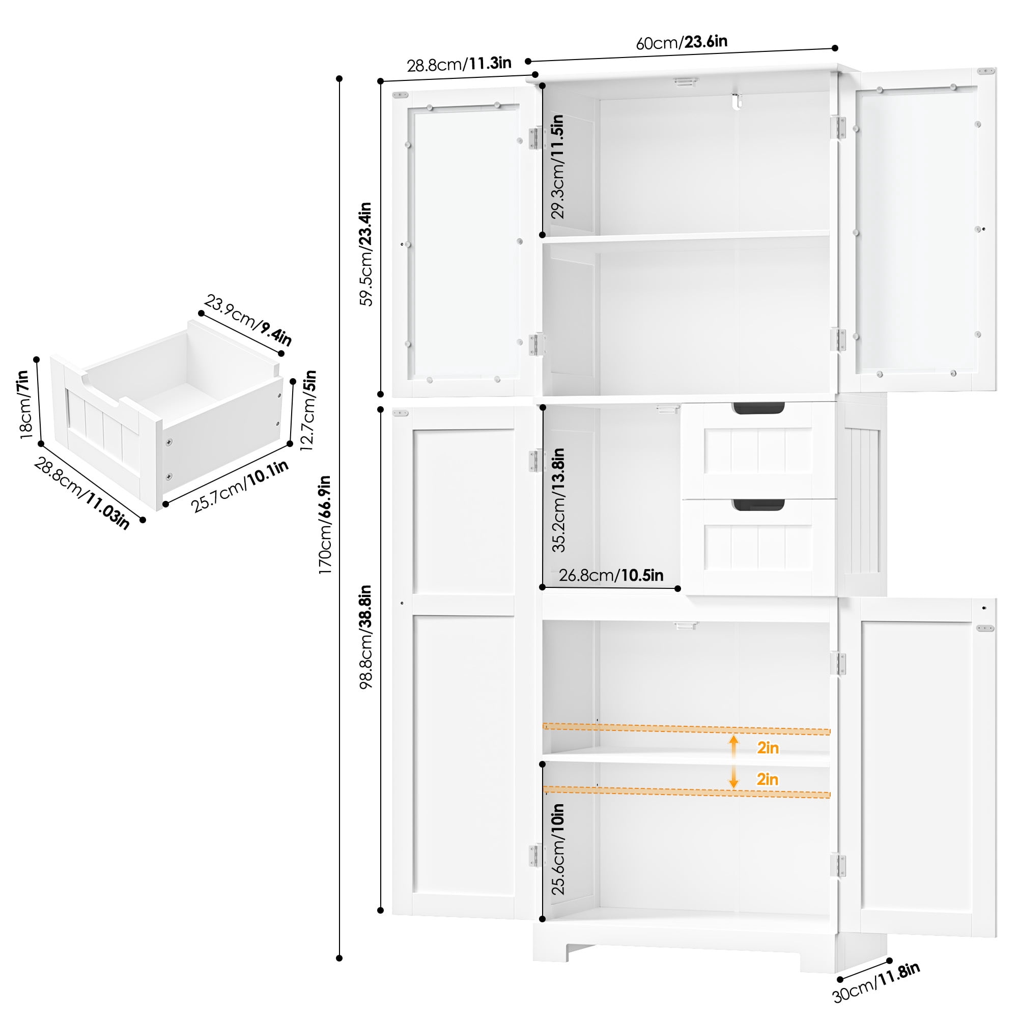 Homfa 67" Tall Bathroom Cabinet, White Linen Cabinet with Doors and Removable Drawers, Kitchen Cupboard