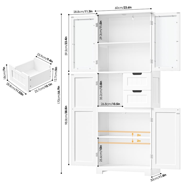 Homfa 67-Inch Tall Bathroom Cabinet with Frosted Glass Doors, White photo 2