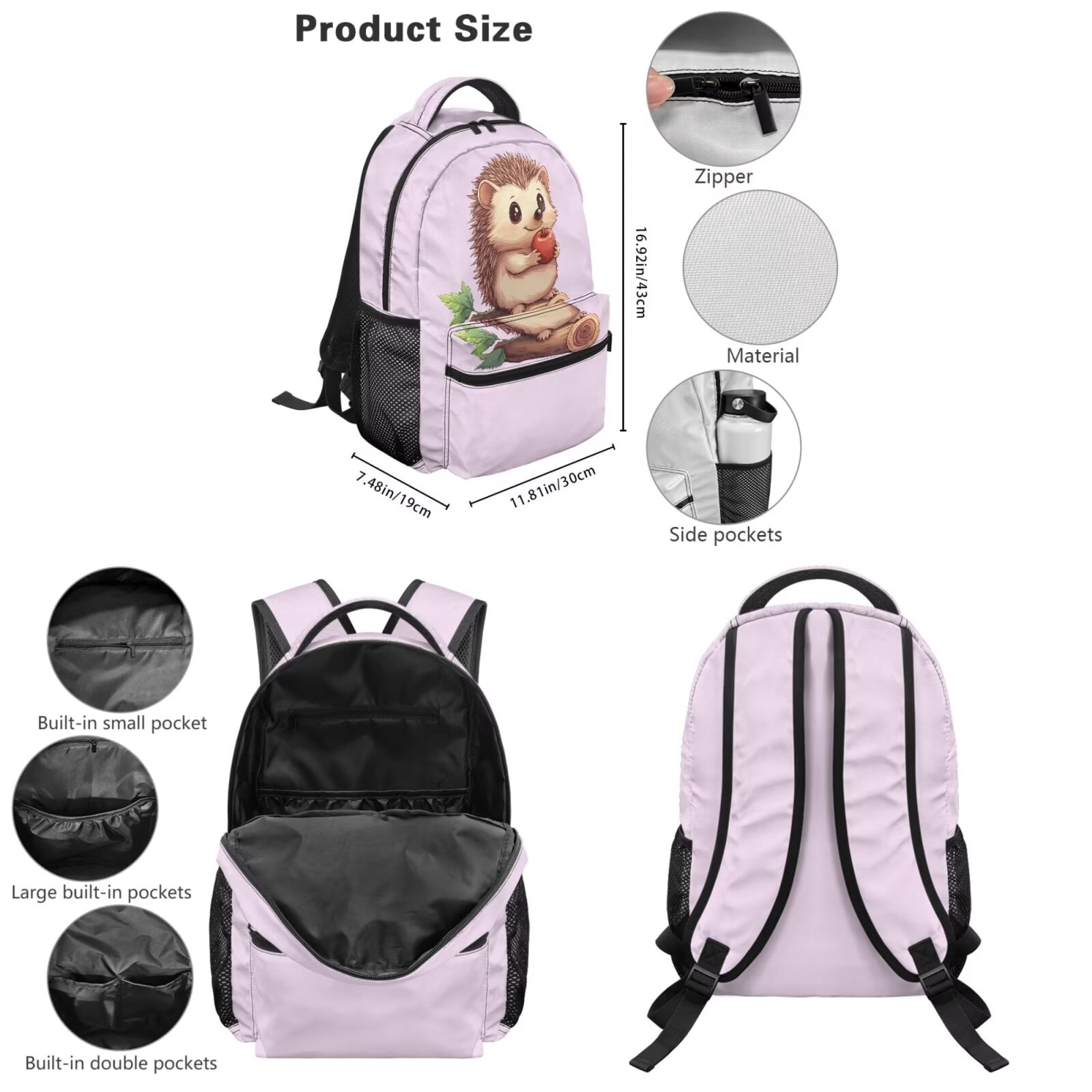 Pzuqiu Cute Hedgehog Kids Backpack and Lunch Box 5pcs Lightweight School Backpack Set for Girls Boys Includes Pencil Case Bottle Holder Keychain for Daily School Use