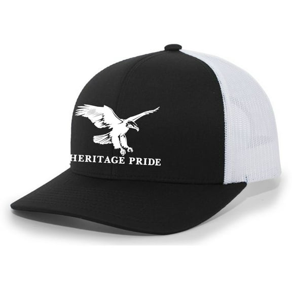 Heritage Pride Flying Eagle Mens Embroidered Mesh Back Trucker Hat Baseball Cap, Black/White