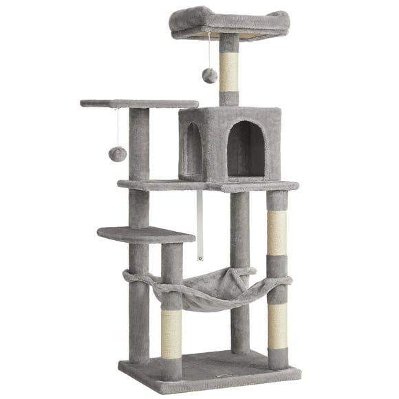 Feandrea Cat Tree, 56.3-Inch Cat Tower for Indoor Cats, Multi-Level Cat Condo with Scratching Posts, Perches, Hammock and Cave, Light Gray PCT161W01