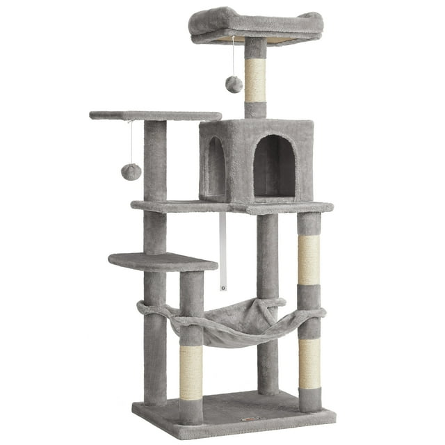 Feandrea Cat Tree, 56.3-Inch Cat Tower for Indoor Cats, Multi-Level Cat Condo with Scratching Posts, Perches, Hammock and Cave, Light Gray