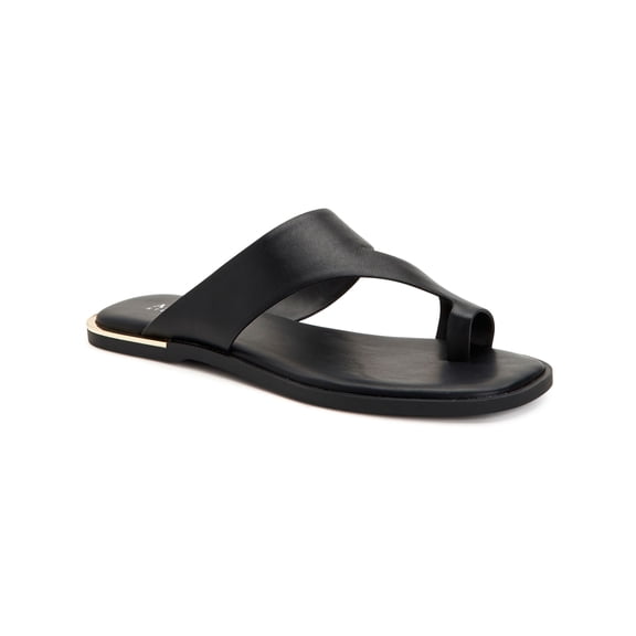 ALFANI Womens Black Metallic Accent Toe-Loop Asymmetrical Comfort Freddee Square Toe Slip On Leather Sandals Shoes 6 M