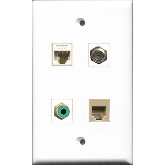 RiteAV 1 Port RCA Green and 1 Port Coax Cable TV- F-Type and 1 Port Phone RJ11 RJ12 Beige and 1 Port Cat6 Ethernet White Wall Plate