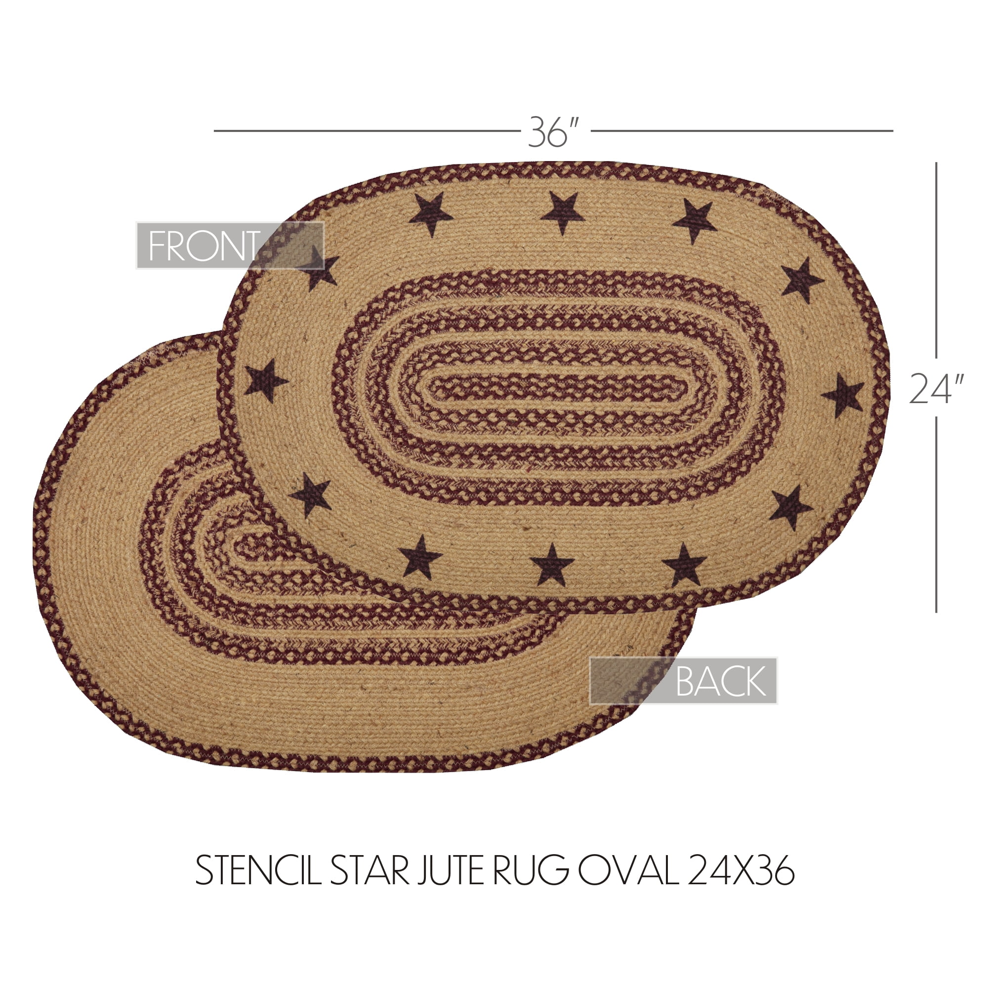 VHC Brands Burgundy Tan Jute Rug Oval Stencil Stars w/Pad 24x36