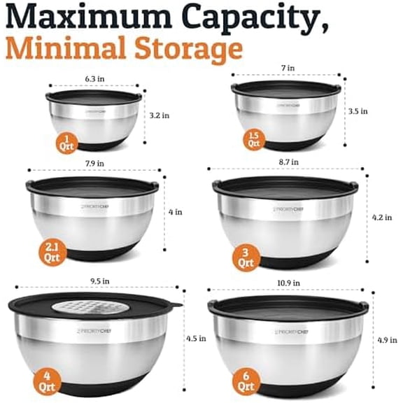 6Pc Large Mixing Bowls With Lids Set with Non-Slip Bases, Stainless Steel Mixing Bowl Set, 6 Airtight Lids and 3 Graters, Black