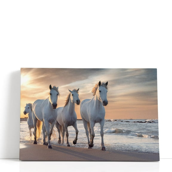 Herd of White Horses Running Through The Water - Wrapped Canvas Print Wall Art | 18" W x 12" H