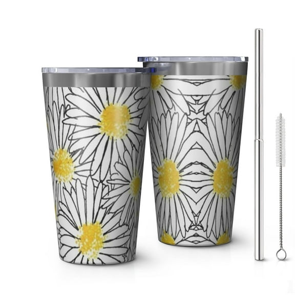 16oz Tumblers White Daisy Flower Black Lines Pattern Stainless Steel Vacuum Insulated Double Wall Travel Tumbler Cups Mug with Lid and Straw,Cleaning Brush for Coffee,Tea