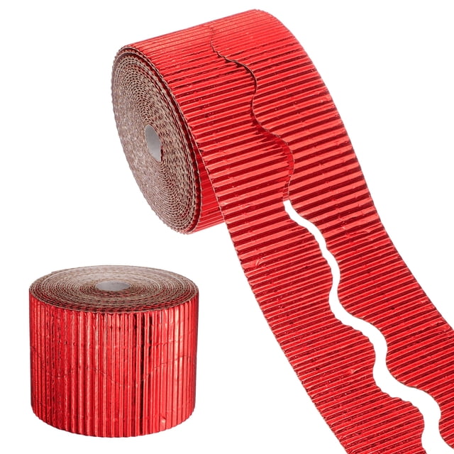 Uxcell 49.2ft Borde de Tablón de Anuncios, Borde Decorativo de Papel Corrugado en Olas, Decoración de Fiesta de Cumpleaños, Rojo Metálico