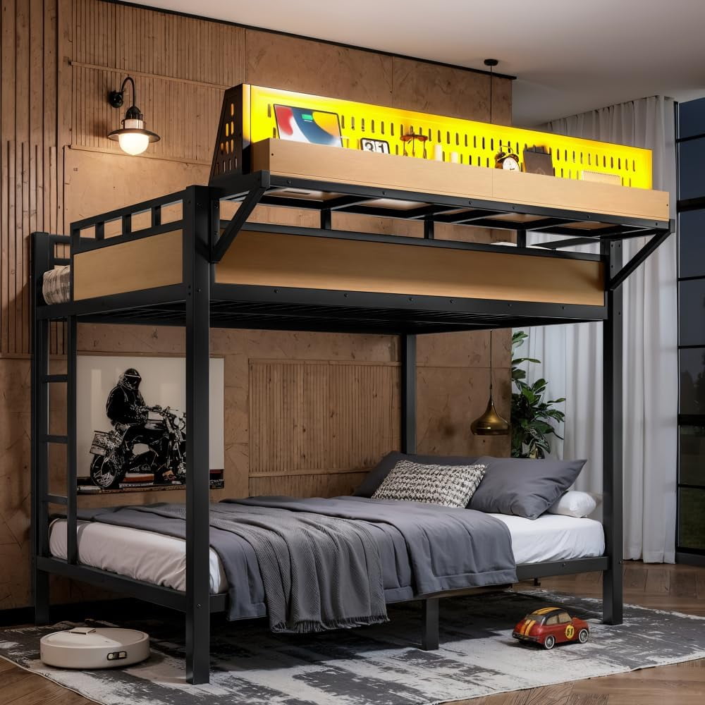 Full over Full Metal Bunk Bed with USB Ports & LED Lights, Storage Shelves, Natural