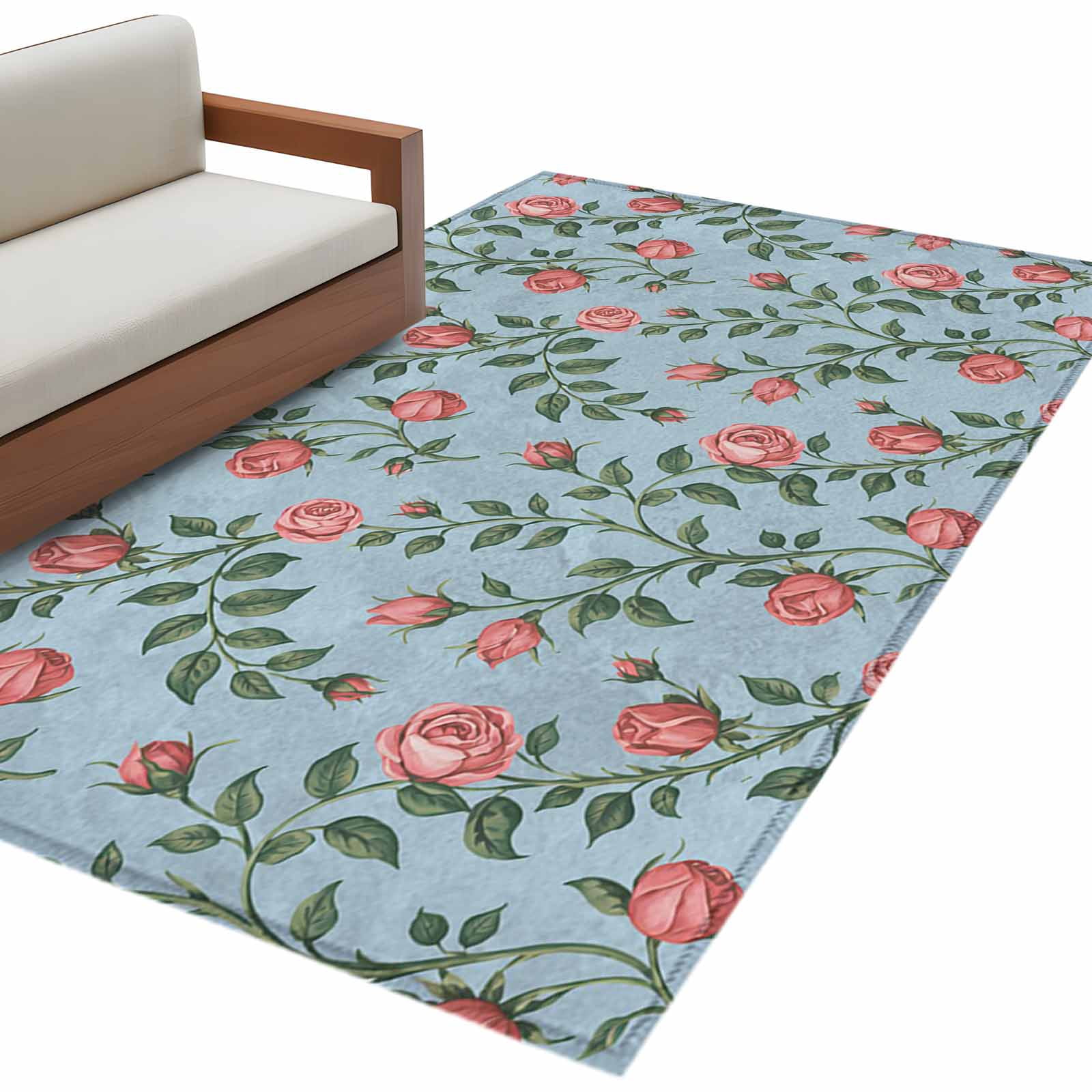 3'x5' Area Rugs, Spring Roses Botanical Indoor Outdoor Area Rug for Living Room Bedroom, Farmhouse Floral Blue Washable Bathroom Rugs Kitchen Floor Carpet Mats Home Decor Aesthetic