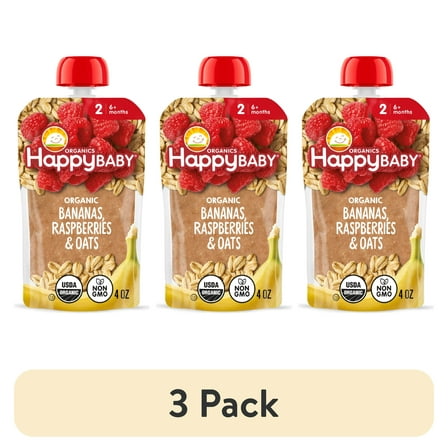 (3 pack) Happy Baby Organics Clearly Crafted, Stage 2 Bananas Raspberries & Oats Organic Baby Food, 4oz Pouch