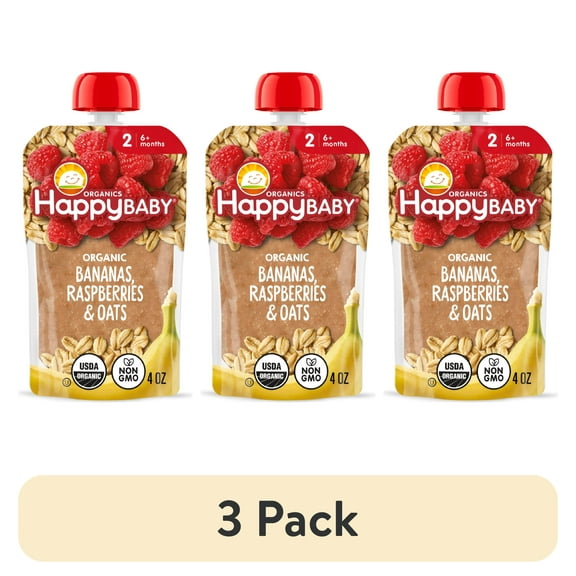 (3 pack) Happy Baby Organics Clearly Crafted, Stage 2 Bananas Raspberries & Oats Organic Baby Food, 4oz Pouch
