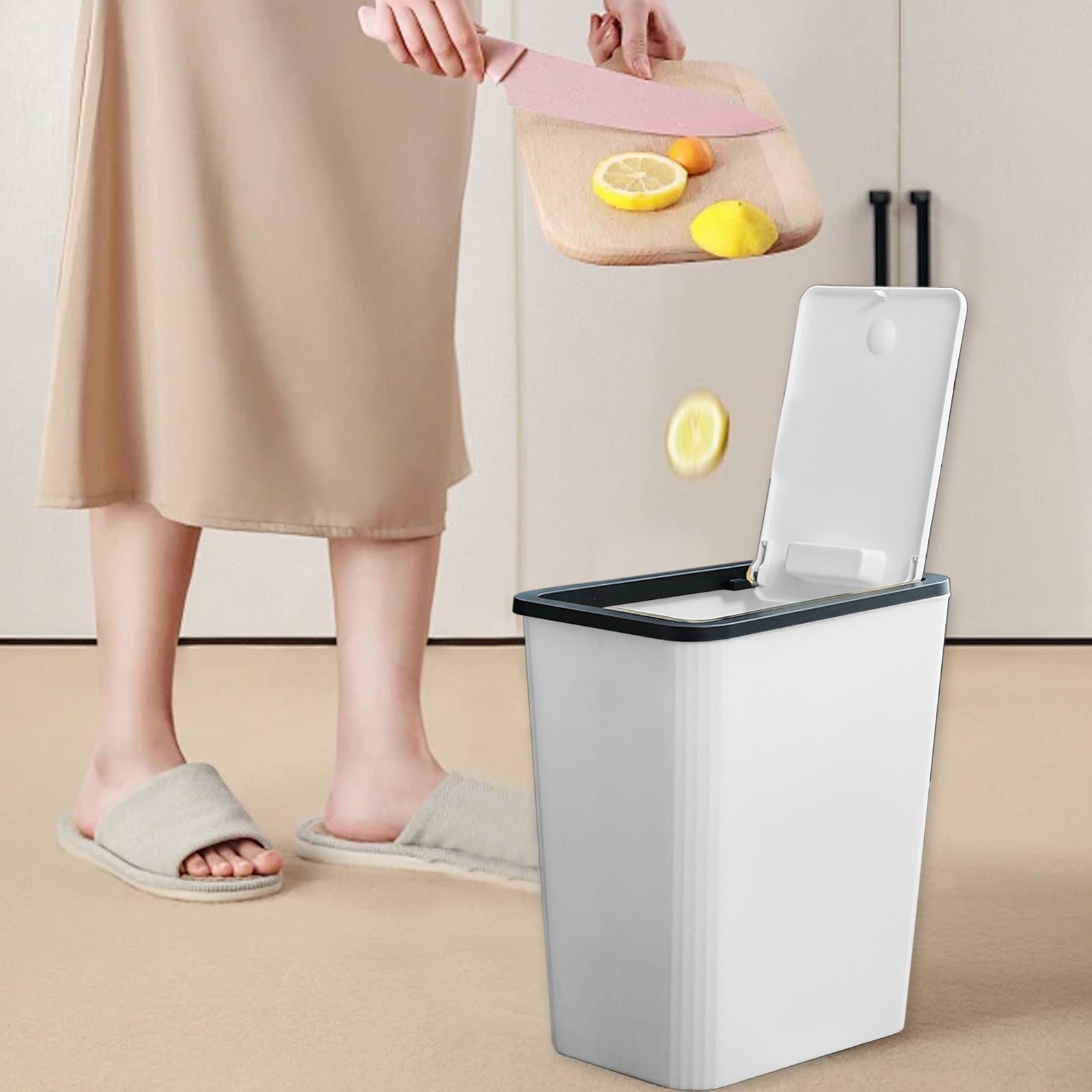 Bathroom Trash Can with Press Popup Lid and Odor-Lock Inner Ring – Slim Plastic Wastebasket for Toilet, Bedroom, Office, Small Spaces, Keeps Garbage Sealed and Fresh